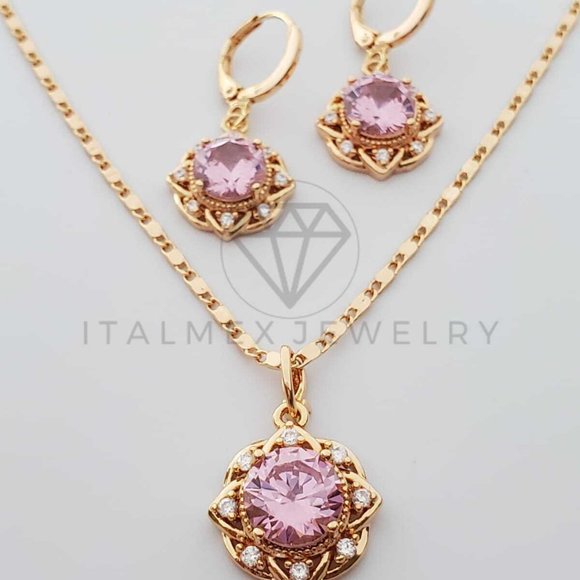 18K Gold Plated Flower Pink CZ Set - Picture 4 of 8